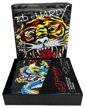 Ed Hardy Men's Dragon Bifold Black Wallet With Valet Tray Gift Box
